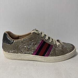 Gucci Silver Glitter Low Top lace Up Sneakers Striped Red Blue Heel Tabs